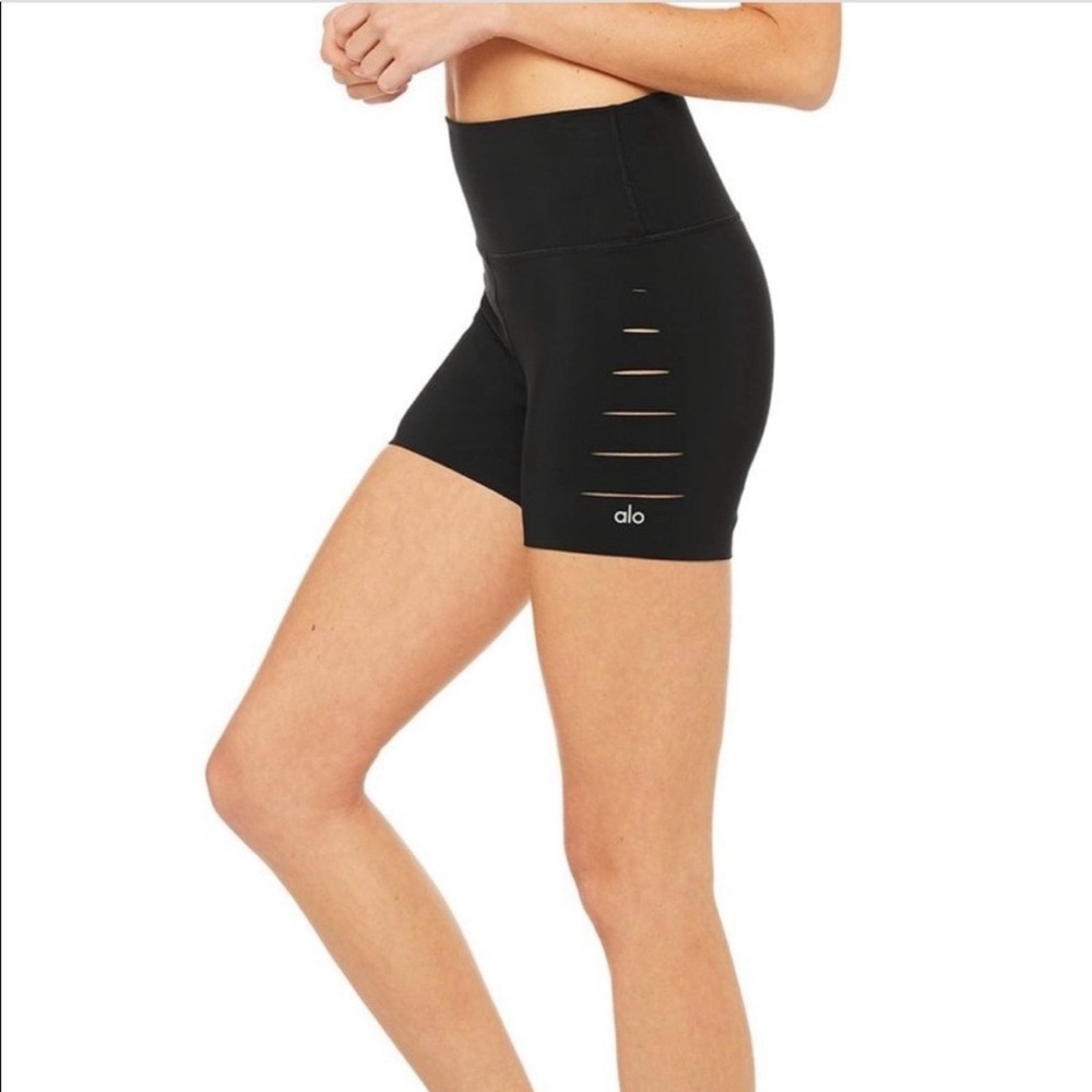 ALO YOGA Ripped High Waist Biker Shorts Black Size Medium 5”